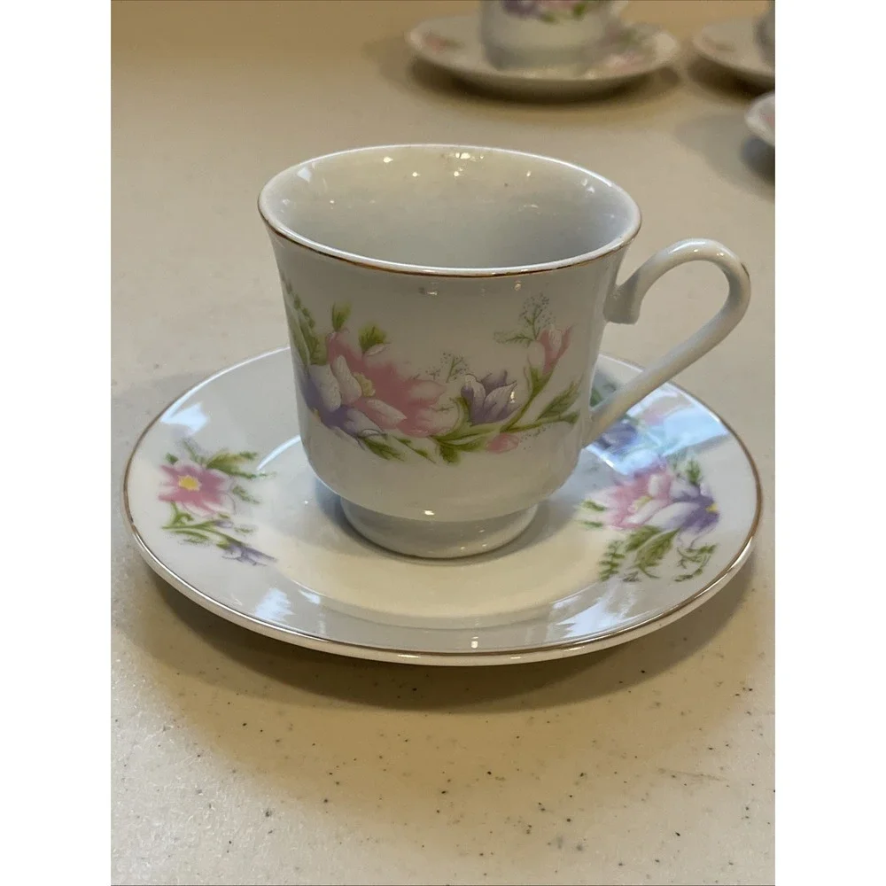 Vntg Coffee Espresso Set 6 Cups & Saucers Floral Garden Lady Grace Luceno Canada